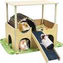 Fhiny Large Guinea Pig Hideout, 2 Tier Wooden Chinchilla Castle with Stair Bridge and Soft Mat Piggies House Small Animal Hideaway Hamster Habitat Decor for Chinchilla Hedgehog Hamster Gerbil Rat