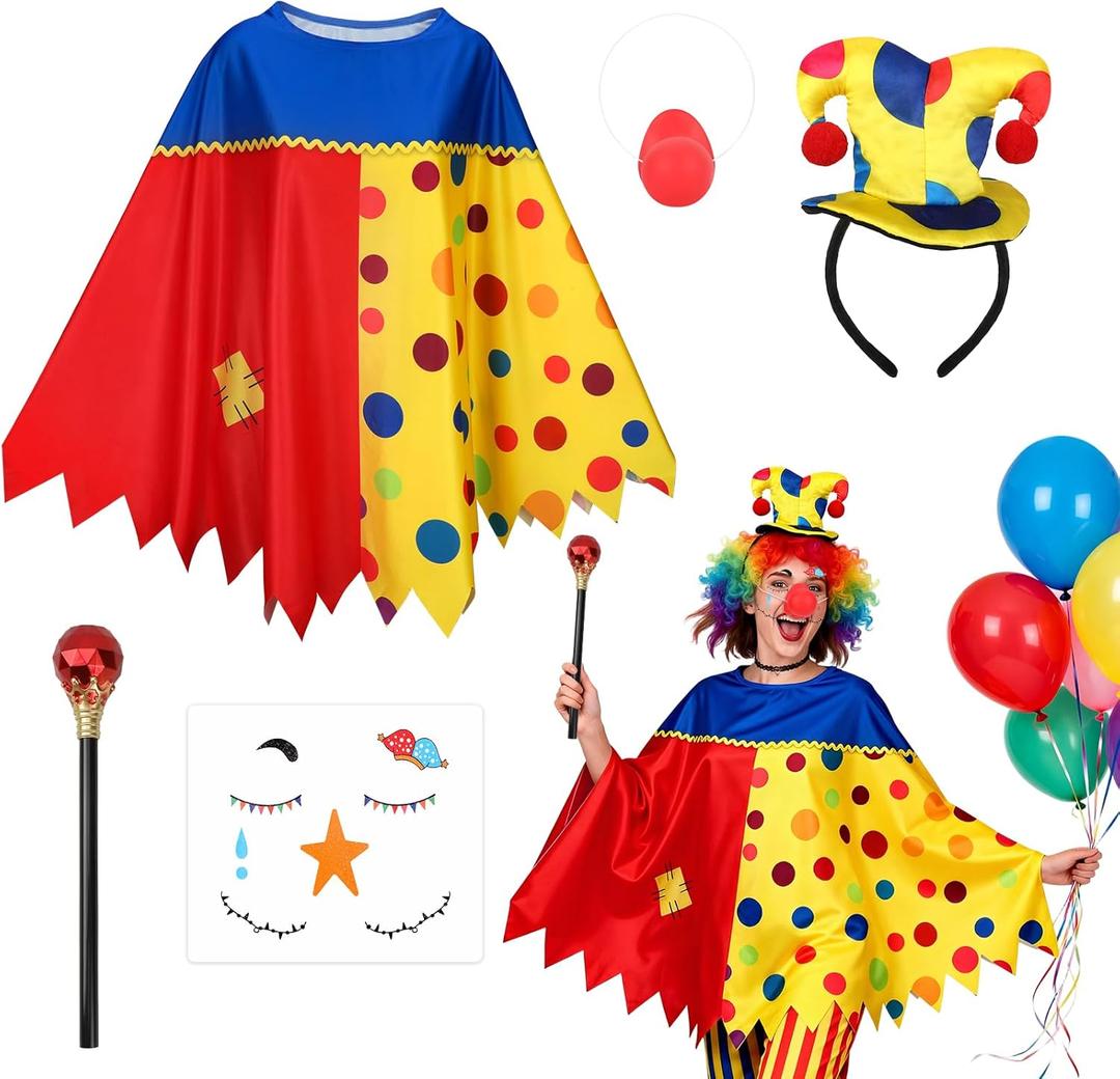 5pcs Clown Costume Women with Clown Hat Headband Poncho Cane Face Stickers and Honking Nose for Halloween Mardi Gras Party (Medium)