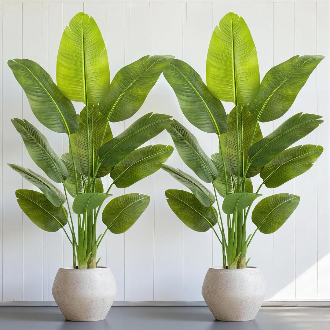 Lifelike Bird of Paradise Artificial Plant,5ft Faux Banana Leaf Tree with 12 Trunks - Perfect Indoor Silk Floor Plant for Home Decor in Living Room, Office, and Bedroom (Set of 2)