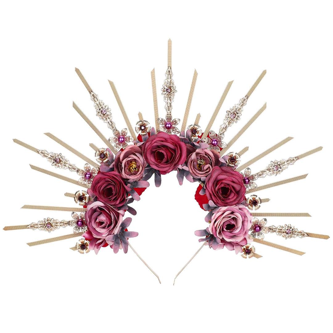 Renfaire Flower Halo Crown - Handmade Fantasy Purple and Pink Rose Headpiece with Crystal Gold Spiked Greek Goddess Headband for Women Fairy Elf Cosplay Renaissance Halloween Wedding (Pink)