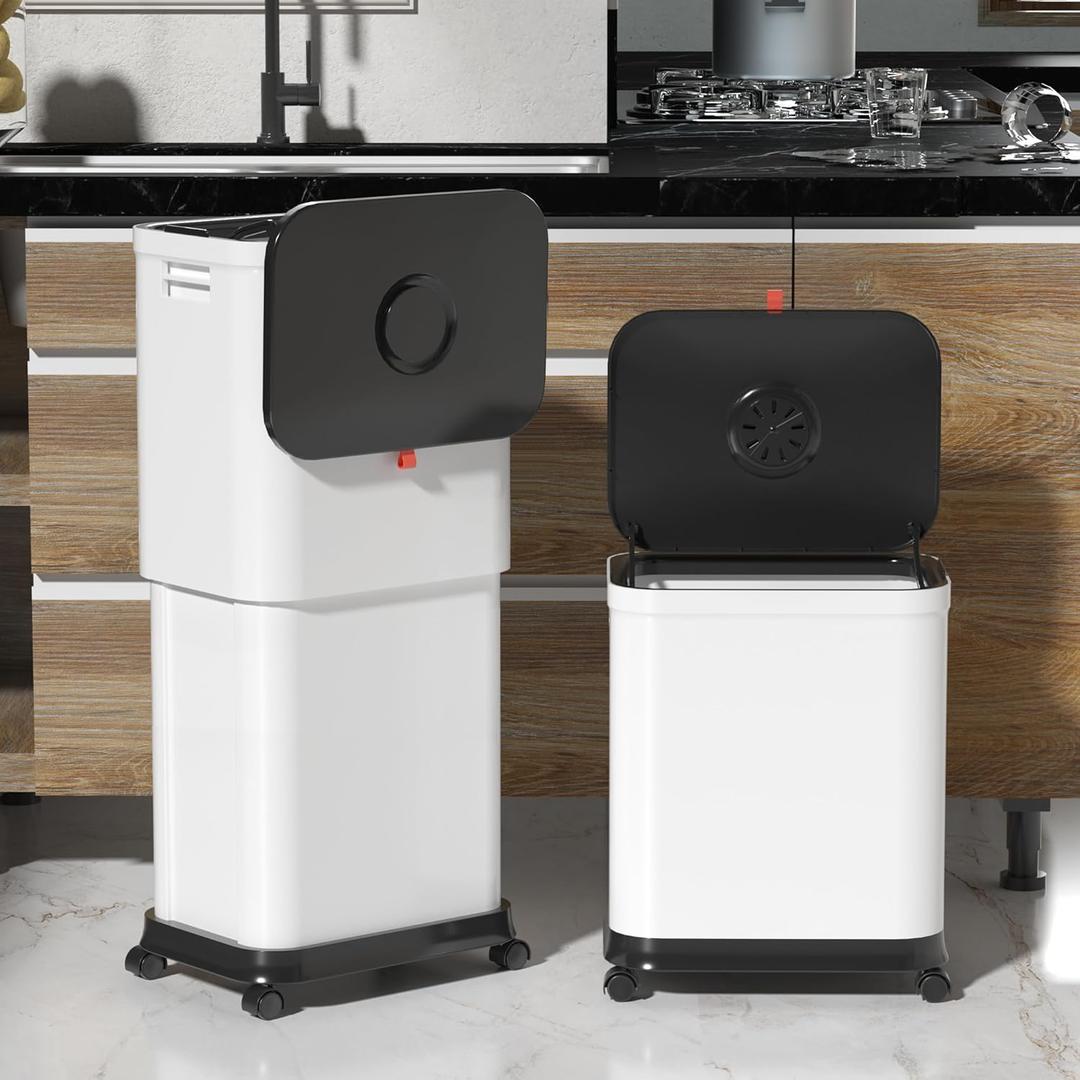 Kitchen Trash Can with Wheels, Adjustable Capacity 20L to 45L Rolling Trash Bin, Plastic Narrow and Height Garbage Can with Lid，Trash Can Dog Proof for Bathroom|Kitchen|Bedroom|Office