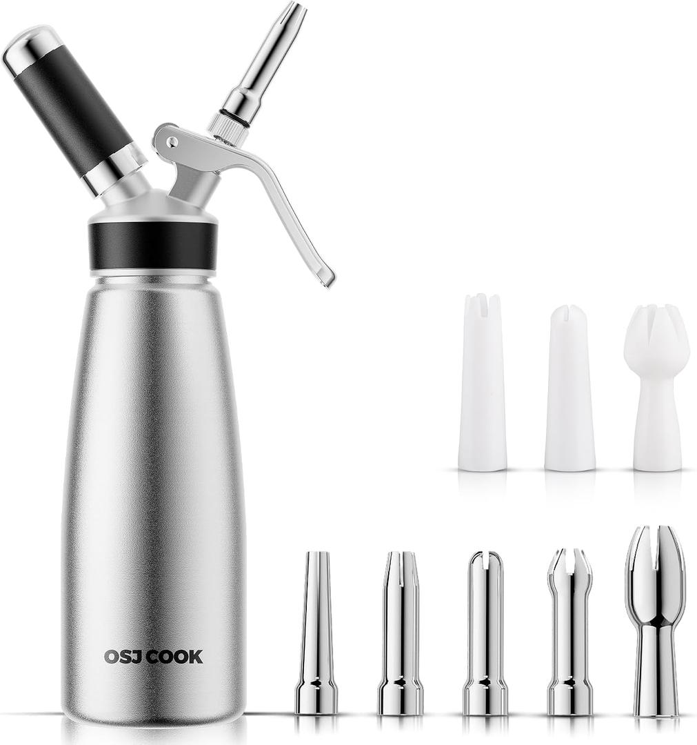 Professional Aluminum Whipped Cream Dispenser - 500 mL/1 Pint,Leak-Free Whipped Cream Maker Canister with 8 Decorating Nozzles & Cleaning Brush - N2O Chargers (Not Included) (Silver, 500ml)