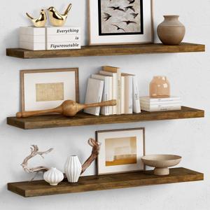 Forbena 36 Inch Floating Shelves for Wall Long Set of 3, Large Deep Wall Shelves for Bedroom Living Room Decor, Rustic Wood Floating Shelf for Kitchen Closet Office TV Plants Books (Dark Brown)