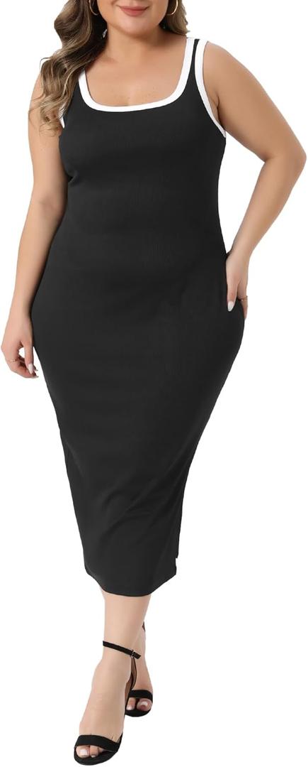 Agnes Orinda Plus Size Dress for Women Square Neck Sleeveless Contrast Summer Bodycon Side Slit Knit Tank Dresses (4X, Black)