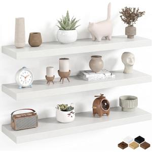 Fun Memories Floating Shelves Set of 3, 36 x 8 Inch Floating Wall Shelves, Wall Mounted Rustic Wood Shelves, Bathroom, Hanging Deep Shelf for Bedroom, Living Room, Kitchen - White
