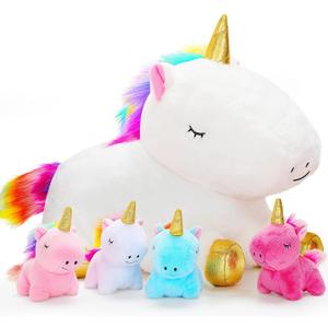 KMUYSL Toys for Girls Ages 0 1 2 3 4 5 6 7 8+ Years - Unicorn Mommy Stuffed Animal with 4 Baby Unicorns in Her Tummy, Soft Unicorn Plush Toys Set, Christmas Birthday Gifts for Baby, Toddler, Kids