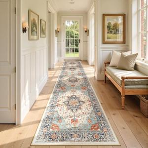 RELEANY Area Rugs 2'x9' Runner Rug Non Slip Washable for Kitchen Hallway Bedroom Beside Laundry Room Bathroom Rug, Floor Carpet, Beige Navy Blue Orange Colorful