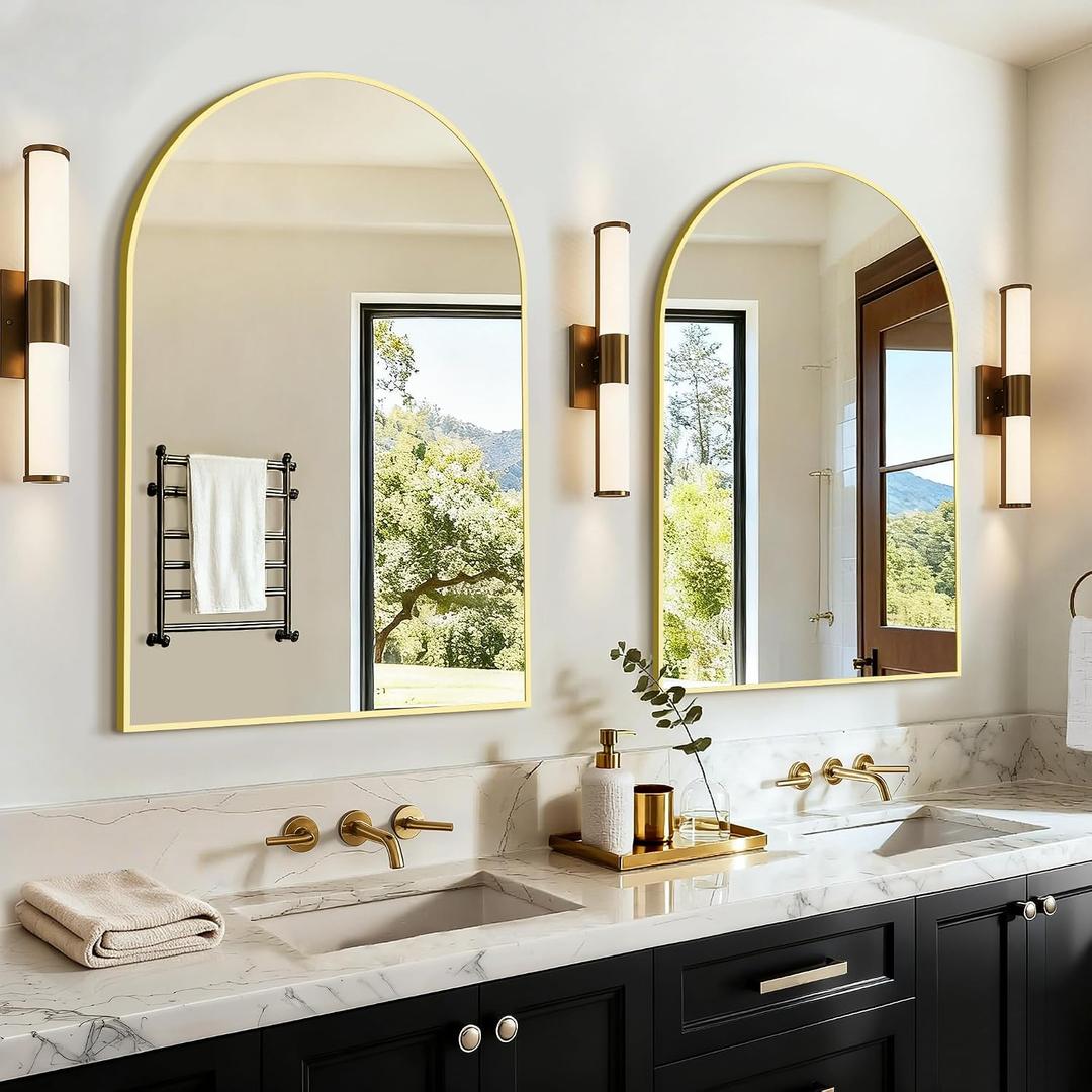 Vanity Bathroom Mirror for Wall, 2 Pack 30"x20" Arched Bathroom Mirror for Over Sink, Arched Metal Frame for Bedroom, Living Room, Entryway, Hanging or Leaning, Gold