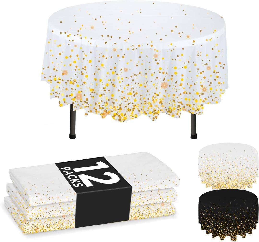 NORZEE 12-Pack White Disposable Plastic Tablecloths, 84" Plastic Table Cloth, Round Table Cover Gold CONFETY (12, White Gold)