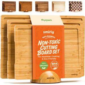 SMIRLY Bamboo Cutting Boards for Kitchen - Wood Cutting Board for Meal Prep, Serving, Charcuterie - Kitchen Gadgets, House Warming Gifts - Wooden Chopping Board Set of 3 with Holder - Natural Bamboo