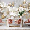 3D Wallpaper Illustration Beige Background Large White Abstract Gold Leaf Flower for Living Room Bedroom Backdrop DecorationNon-self-Adhesive (149" x 96", MURAL-219)