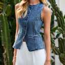 Tankaneo Womens Button Down Denim Vest Tops Sleeveless Fitted Jean Tank Tops Summer Trendy Casual Waistcoat