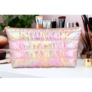Hiroyuki Iridescent Makeup Bag, 14 inches Cosmetic Bag, Large Capacity Travel Pouch (Hair, pink)
