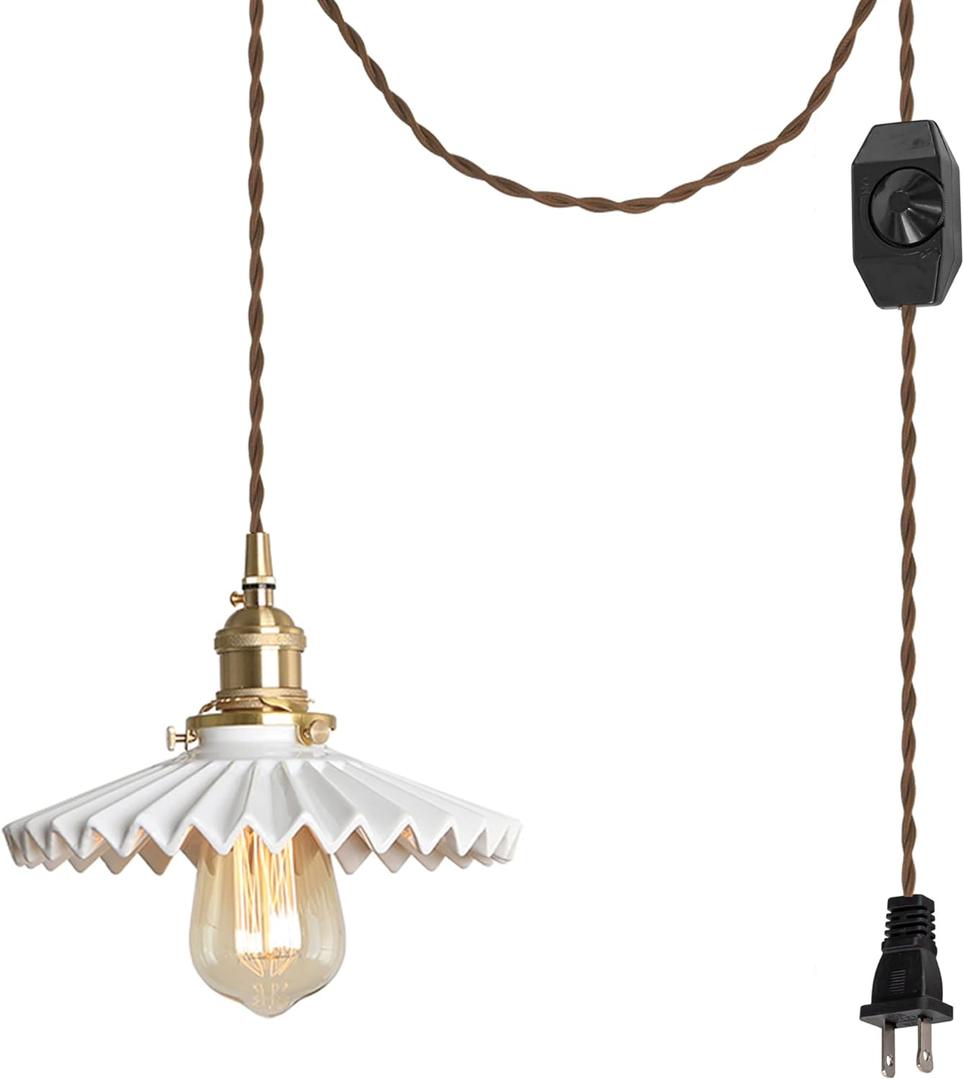 Swag Pendant Light with 15ft Plug-in UL Dimmable Cord Retro Ceramic Marble Shade Light Fixtures Nordic Decoratefor Hanging Ceiling Light for Dining Room Bulbs Not Included