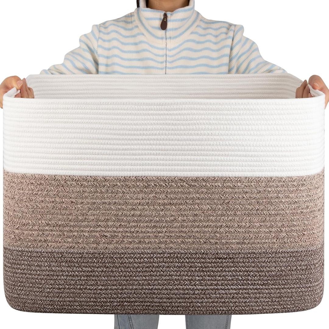 OIAHOMY 108L Large Cotton Rope Basket, Rectangle Woven Baskets for Storage, Nursery Blanket Storage Living Room, Toy Basket with Handle-25x16x16-Gradient Dark Brown