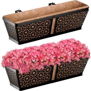 ZeeDix Railing Planter Boxes, 24 Inch Window Flower Box Planters with Coco Liner & Adjustable Brackets for Deck Porch Fence Patio Balcony Gardening Outdoor Plants (2 Pack) (Rectangular)