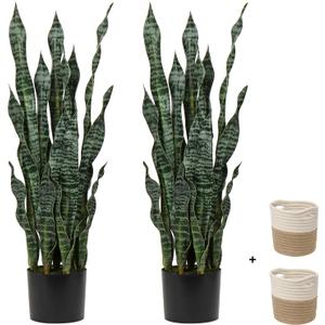 2 Set Large Fake Snake Plant Black Coral 35.8 Inch Sansevieria Plant Artificial Snake Plants in Pots with Woven Basket Faux Mother In Law Tongue Plant - 30 Leaves for Indoor Outdoor Home Office Decor