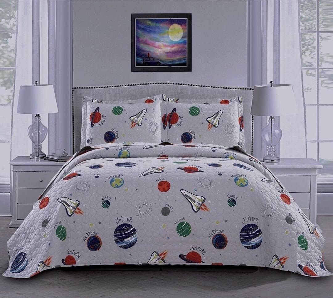 3 Piece Space Quilt Summer Bedspreads Twin Size Kids Planet Bed Cover Lightweight Coverlet Set Blanket Universe Bedding,Gray White