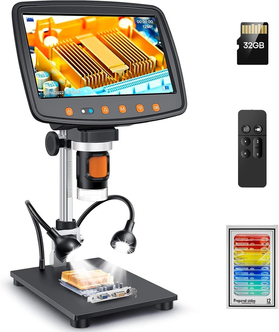 Digital Microscope with 7" LCD Screen,1500X Magnification Soldering Microscope with HDMI,Coin Microscope with 12MP Image Sensor,Windows/Mac/TV Compatible32GB Card