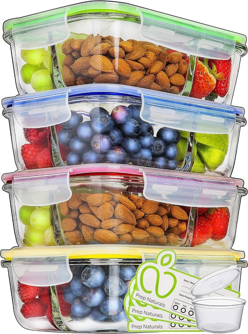 PrepNaturals 4 Pack 34 Oz Glass Meal Prep Containers - Dishwasher Microwave Freezer Oven Safe - Glass Storage Containers with Lids (Multi-Compartment)