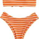 ZAFUL Women Strapless Ribbed High Cut Bandeau Bikini Lace Up 2 Pieces Swimwear (Orange, S)