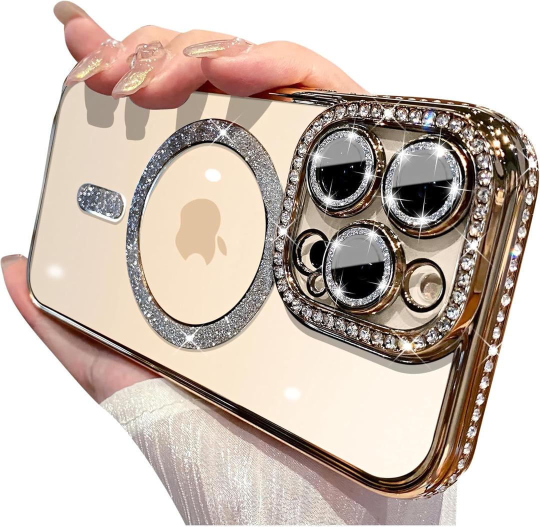 Magnetic Glitter Diamond for iPhone 15 Pro Max Case[Compatible with MagSafe] Sparkle Rhinestone Camera Lens Protector Plated,Crtstal Clear Slim Military Drop Shockproof Cover for Women,Gold
