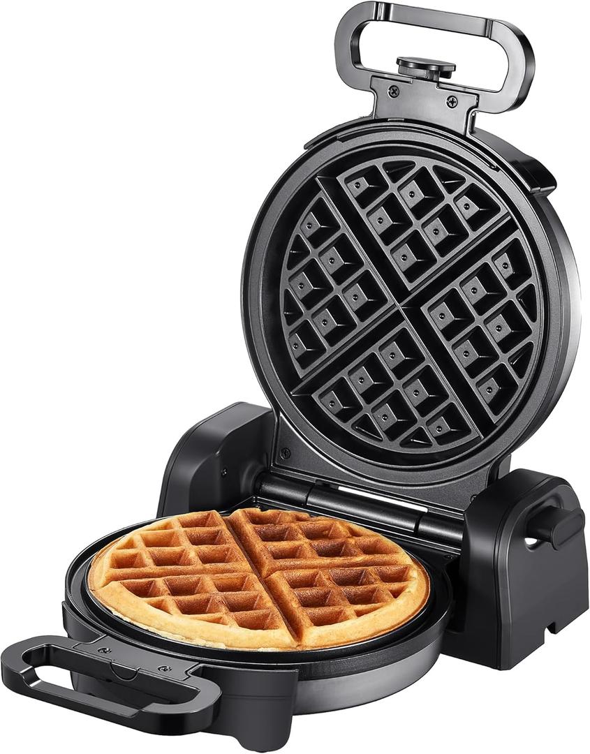 Reemix Waffle Maker, ​180° Rotating Belgian Waffle Maker Round Classic Belgian 4-Piece, Evenly Baked | Non-Stick | Fast Preheat​​, Black+Silver