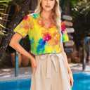Women Hawaiian Shirt Soft Cool Summer Hawaii Tshirts Beach Tropic Print V Neck Button up Tops Floral Short Sleeve Tops (Medium, Tie Dye Yellow-2)