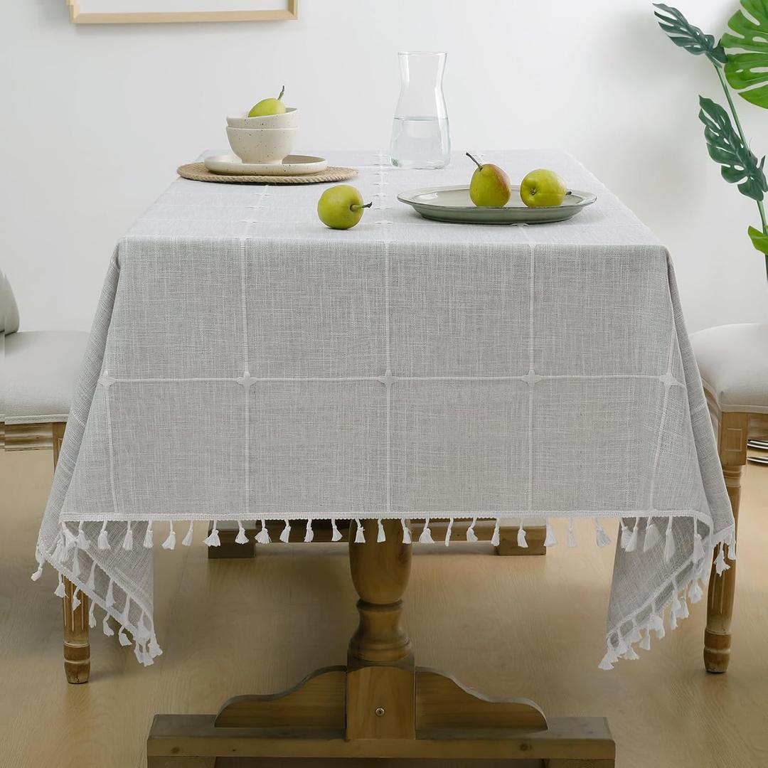 Softalker Outdoor Tablecloth Rectangle, Waterproof Linen Cotton Farmhouse Table Cloths with Tassel, Heavy Weight Wrinkle Free Boho Table Cover for Picnic Camping Dining - 55 x 70 Inch, Grey Plaid