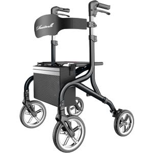 PLANET WALK Super Lightweight Rollator Walker for Seniors, Foldable Rolling Walker with Seat and 10" Rubber Front Wheels for All Terrain, Height Adjustable Backrest, Experience Comfort Anywhere-Black