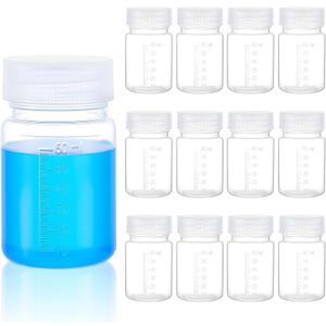 Tatuo 12 Pcs 2oz 60 ml Plastic Sample Bottles with Screw Cap, Liquid Containers with Lid for Lab Reagent Sample Medicine Pill Water Storage, Travel Bottles(Clear,Wide Mouth-White Scale)