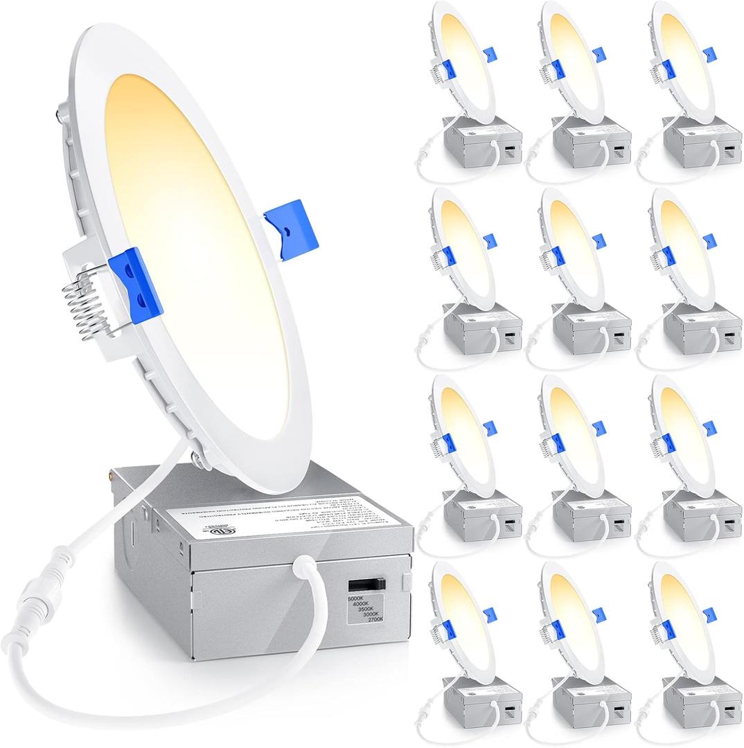 Ensenior 12 Pack 6 Inch LED Recessed Light, Dimmable, 2700K-5000K 5CCT, 1200LM High Brightness, 12W 120V, Damp Rated, Ultra-Thin Canless Wafer Ceiling Light - ETL & FCC & IC