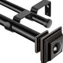 KAMANINA 1 Inch Double Curtain Rod 36 to 72 Inches (3-6 Feet) Telescoping Black Curtain Rods for Windows 24 to 68 Inches, Heavy Duty Drapery Rods with Square Finials