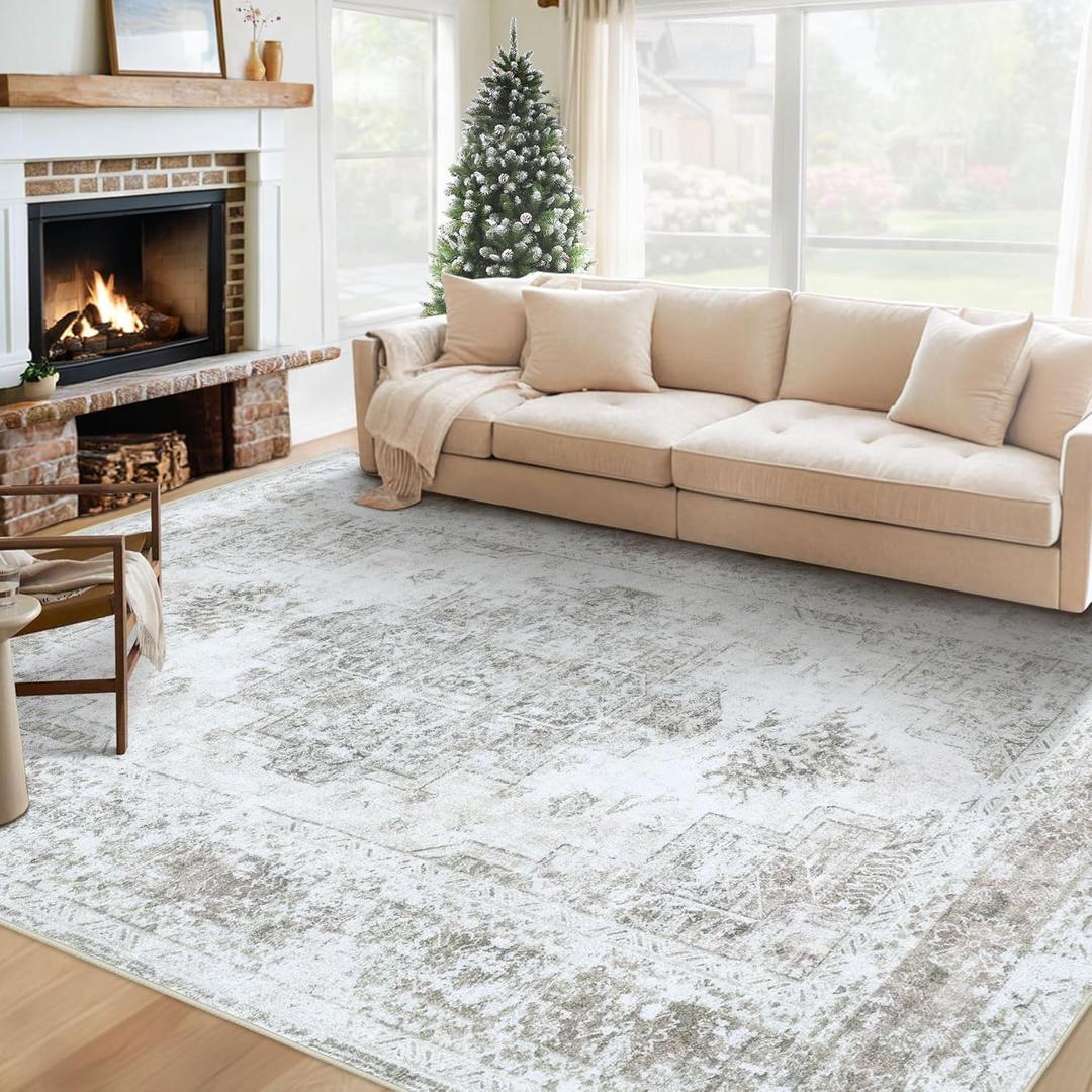 Area Rug 6x9 Living Room Rug, Machine Washable Vintage Distressed Medallion Rug Non-Slip Soft Low Pile Large Indoor Rugs for Bedroom Kitchen Dining Room Office(Taupe,6'x9')