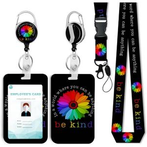 2 x Be Kind Id Badge Holder with Lanyard,Retractable Badge Holders Reels,Breakaway Lanyards for ID Badges,Cute Fashion Key Chain Keychains,Badge Clips for School Office