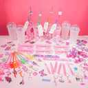 134Pcs Pink Girls Party Favors Pack for Kids 4-8, Princess Theme Birthday Party Decoration Supplies with Heart Glasses Straws Bubble Wands Stickers Bracelets Keychains, DIY Gift Cups for 12Guests