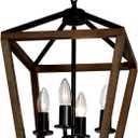 4-Light Lantern Pendant Light,Black Wood Cage Farmhouse Chandelier for Kitchen Island,12'' Rustic Metal Geometric Hanging Lighting Fixture for Kitchen Island Dining Room Bedroom Foyer Entry