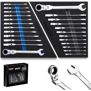 toolant 24pcs Ratcheting Wrench Set, Flex-Head Ratchet Combination Wrench Sets with Switch Design, 8-19mm & 1/4"-7/8", 90-Tooth and 4Swing, 24PCS with Storage Tray