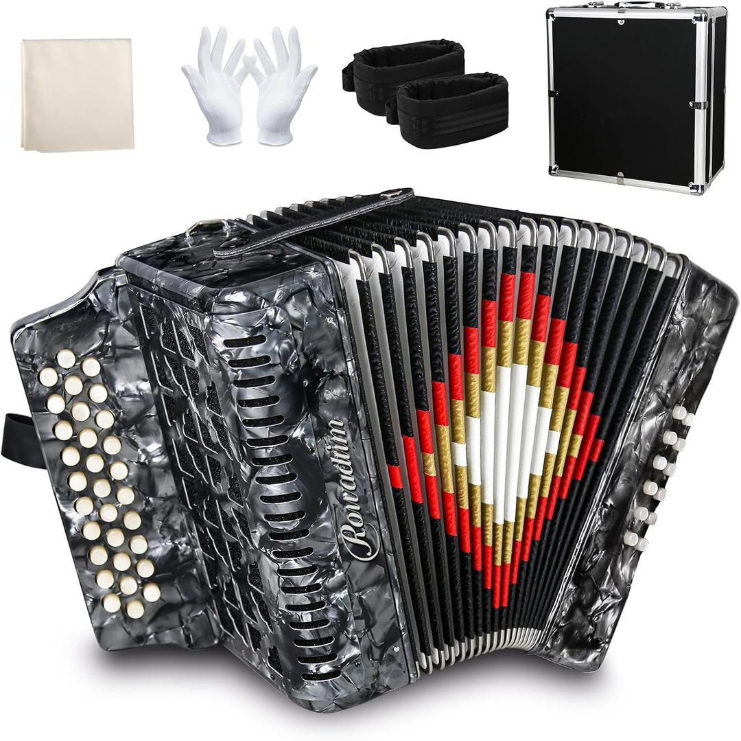 Accordion 31 Key Button Professional Diatonic Concertina with 12 Bass, F/B/E Tuned, Portable Squeezebox Folk Music Instrument for Adults Beginners with Case (Gray)
