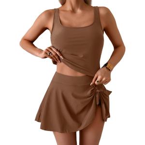 Eomenie Tankini Swimsuit for Women Tummy Control Two Piece Bathing Suit High Waisted Tank Top with Swim Skirt (Small, Brown)