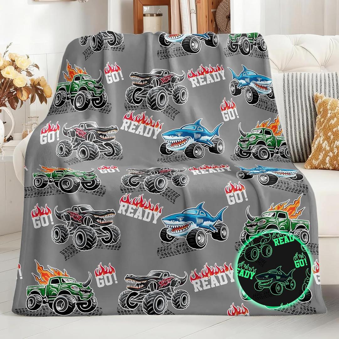 Truck Shark Glow in The Dark Blanket Truck Toys Gifts for Kids Boys Teens Age 1-16 Years Old Toddlers Birthday Christmas Halloween Excavator Construction Tractor Car Throw Room Decor Grey 50"x 60"