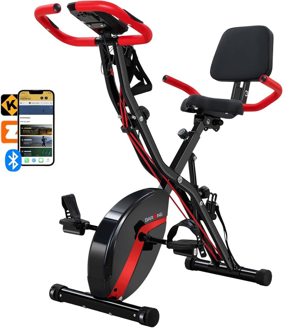 BARWING Stationary Exercise Bike for Home Workout, 5 IN 1 Foldable Indoor Cycling Bike for Seniors, 350LB Capacity, 16-Level Magnetic Resistance, Seat Backrest Adjustments (App-XB01-BR)