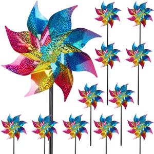 Hausse 12 Pack Reflective Pinwheels with Stakes (Pre-Assembled), Extra Sparkly Rainbow Pin Wheel for Garden Decor, Bird Repellent Devices Deterrent to Scare Birds Away from Yard Patio Farm, Colorful