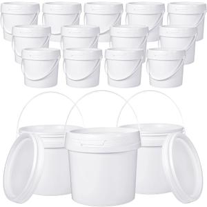 Leinuosen 16 Pcs 1 Gallon White Plastic Bucket with Handle and Lid Reliable Heavy Duty Barrel Pail Container Food Safe Bucket for Multipurpose Storage Paint Art Crafts Projects