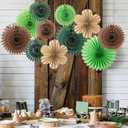 11 Pcs Hanging Paper Fans Decoration Green and Brown Paper Flowers Deco Tropical Jungle Birthday Party Decorations for Summer Safari Carnival Party Supplies