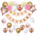 Rose Gold Balloons Birthday Party , Happy Birthday Banner, Rose Gold Heart Star Foil Confetti Balloons and pink paper pompoms for Women Girls Party Decor