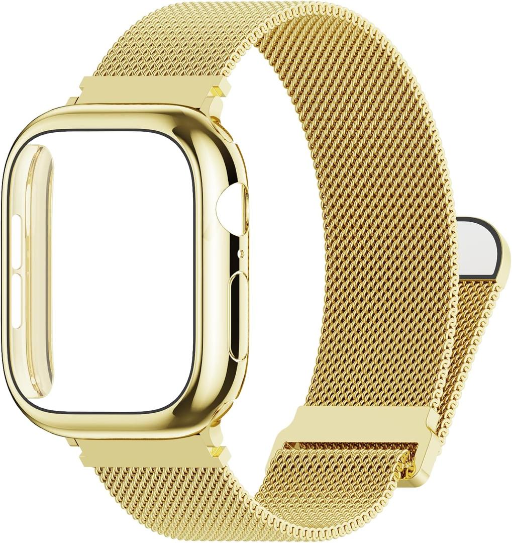 Waterproof Stainless Steel Milanese Band with Case Compatible for Apple Watch 42mm  Women/Men,Magnetic Strap for iWatch Series  3 2 1  (Gold)