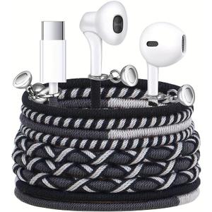 URIZONS Wired Earbuds USB-C with Microphone Bracelet Design Tangle-Free Necklace & Braided Colorful Cord, Magnetic Lock | Compatible with iPhone 14/15/16/17, PS5 for Music, Sports, Gaming (Black)