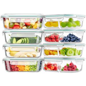 Airtight Glass Food Storage Containers with Lids, Glass Lunch Box, Leak-proof, BPA-Free, Microwave, Oven, Freezer, Dishwasher (8-Pack)