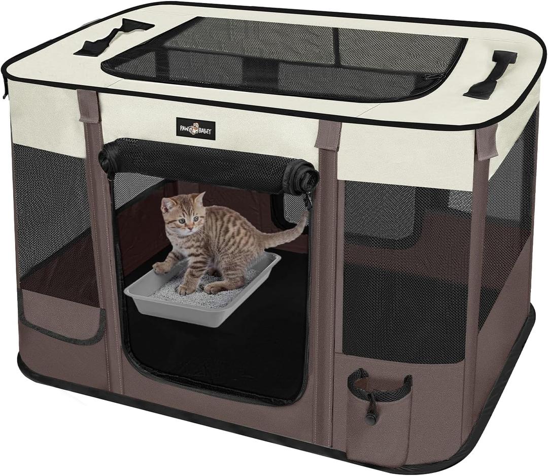 Foldable Pet Kitten Playpen, Upgrade Waterproof Portable Cat Dog Playpen Kennel Tent for Small Dog Cat, Retractable Shade Cover, Indoor Outdoor Use for Small Pet. (Brown 03) (Medium(32''×24''×21.5''))